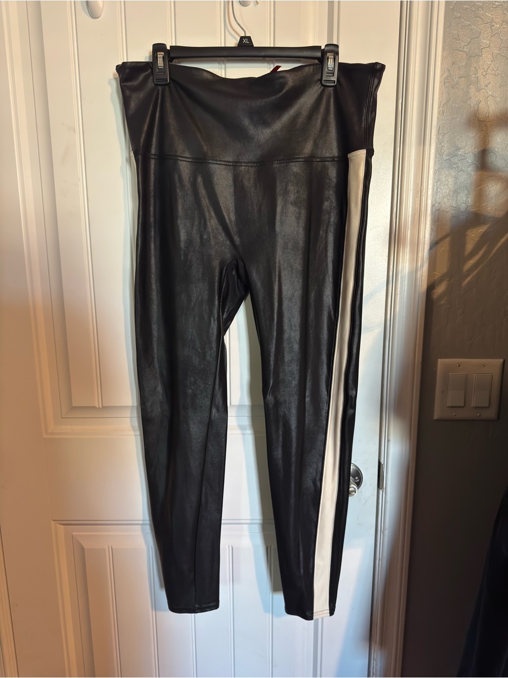 SPANX Black Faux Leather Leggings with White Side Stripe
